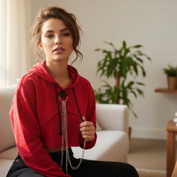 no bran Tops - Red Cropped Hoodie with Chain Detail